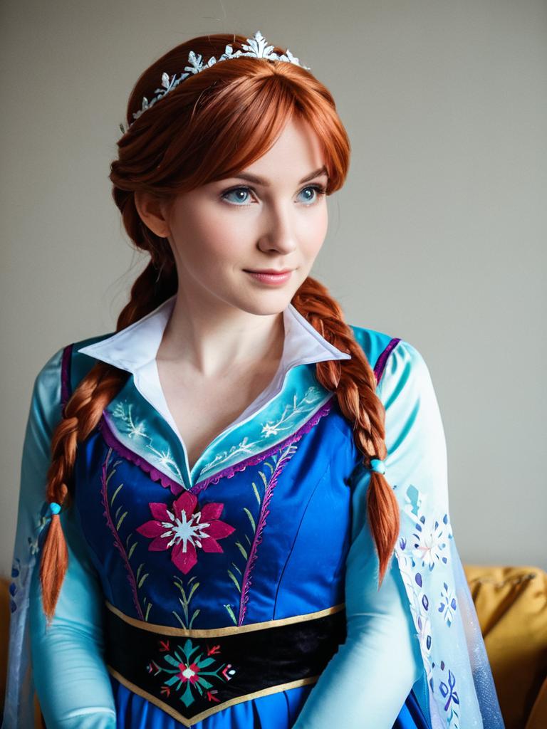 Woman with Red Braids in Blue Costume
