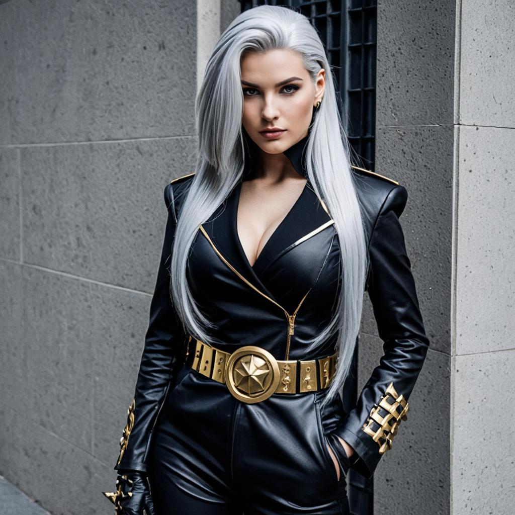 Confident Woman in Black Leather Futuristic Outfit with Silver Hair