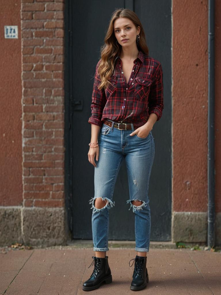 Woman in Red Plaid Shirt and Distressed Jeans Against Brick Wall