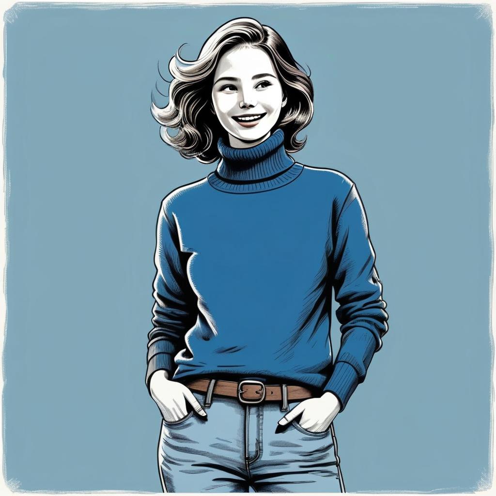 Smiling Woman in Blue Sweater and Jeans Smiling Woman in Blue Sweater and Jeans
