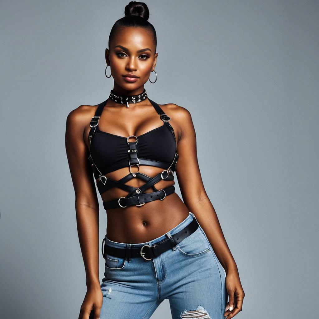 Confident Woman in Black Harness Top and Ripped Jeans