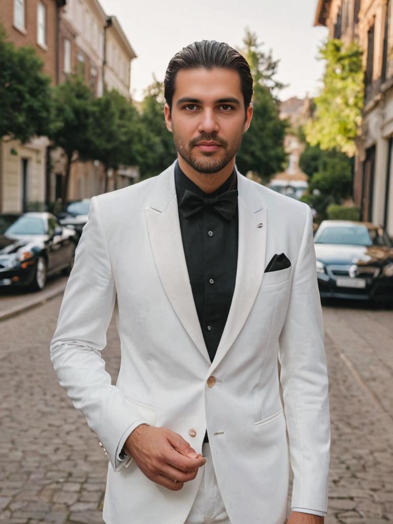 Elegant Man in White Tuxedo on Cobblestone Street