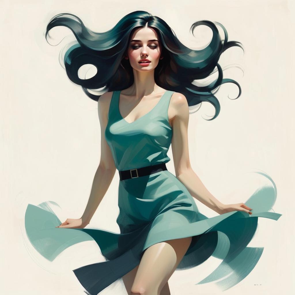 Woman in Teal Dress with Swirling Hair