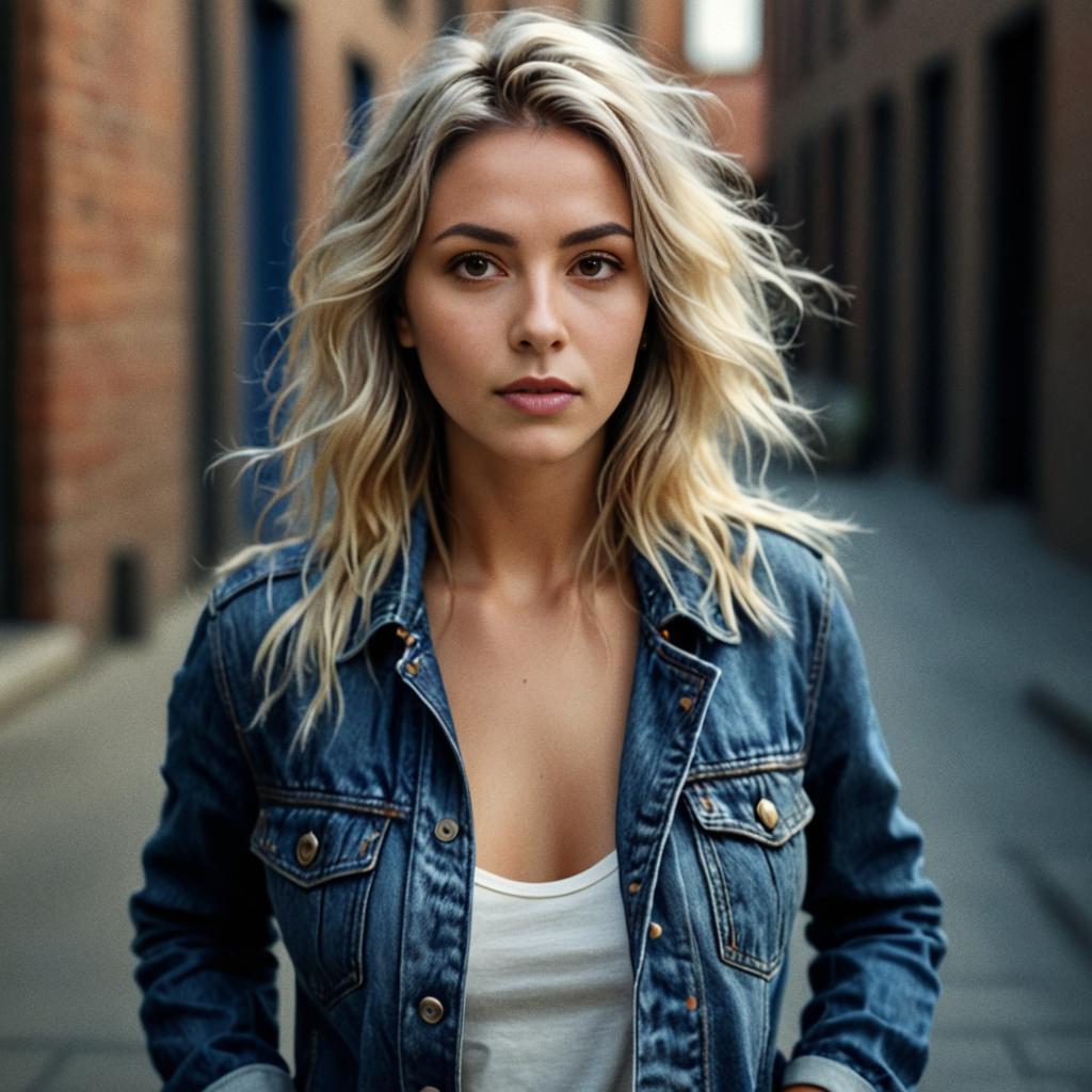 Confident Woman in Denim Jacket in Urban Alley