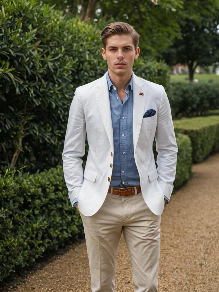 Stylish young man in smart casual summer outfit outdoors