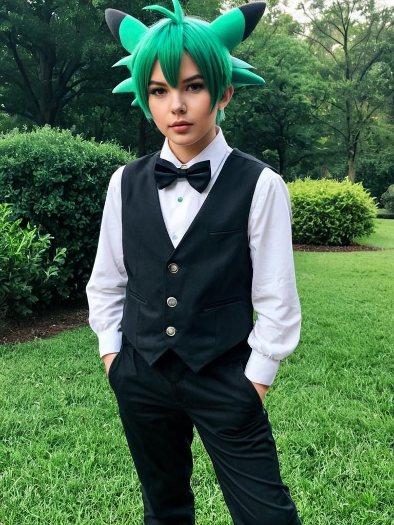 Cilan Pokémon Cosplay in Formal Outfit Outdoors