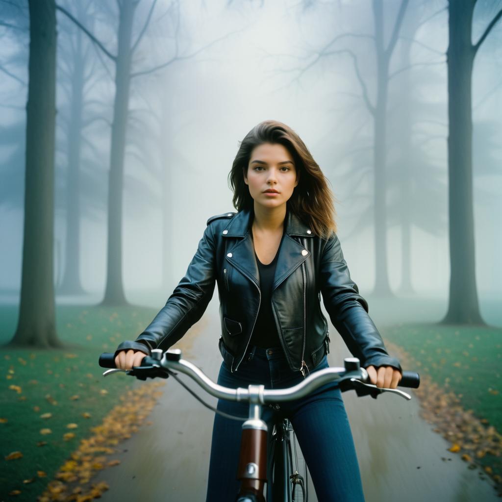 Young Woman Biking in Misty Forest