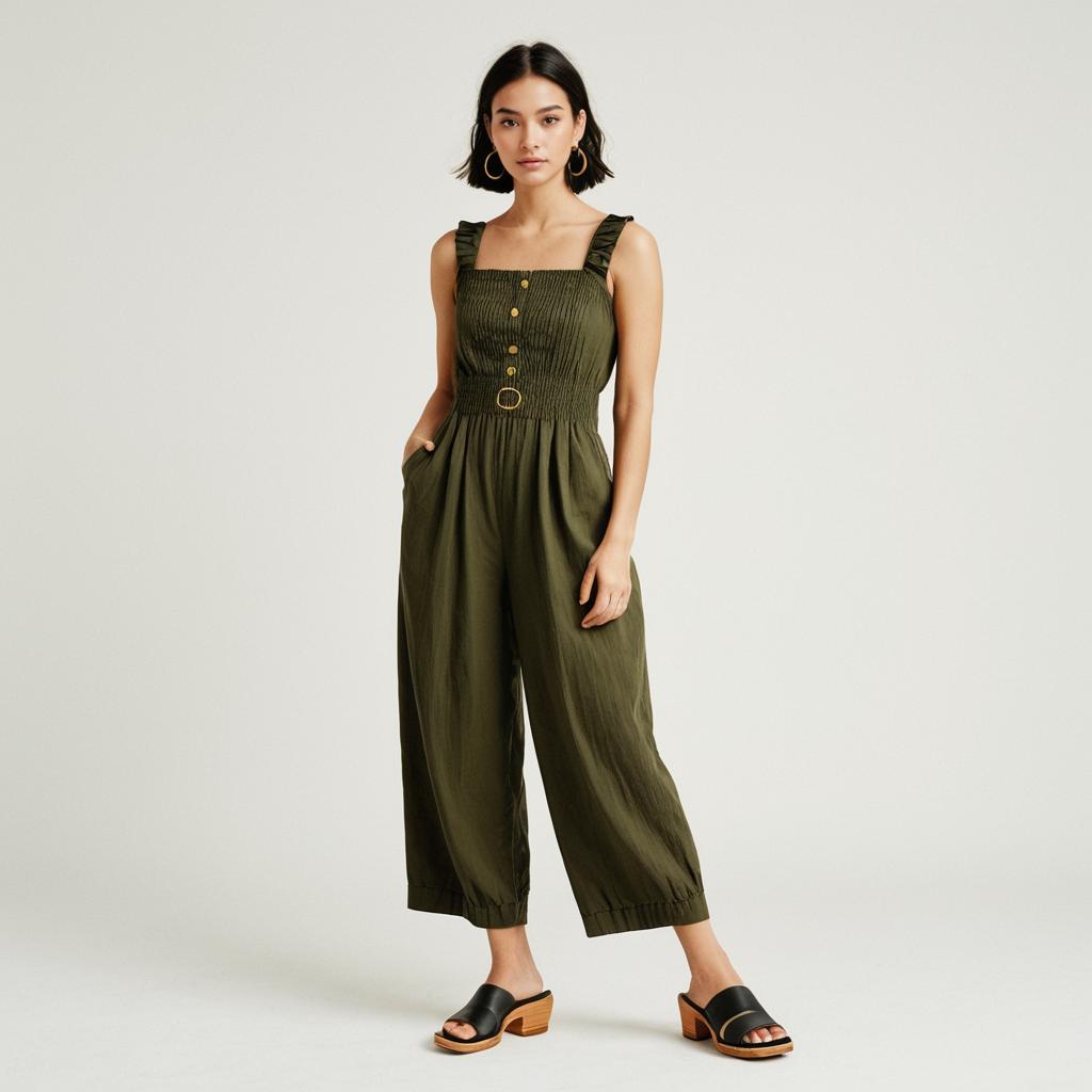 Casual Contemporary Olive Green Sleeveless Smocked Jumpsuit for Women