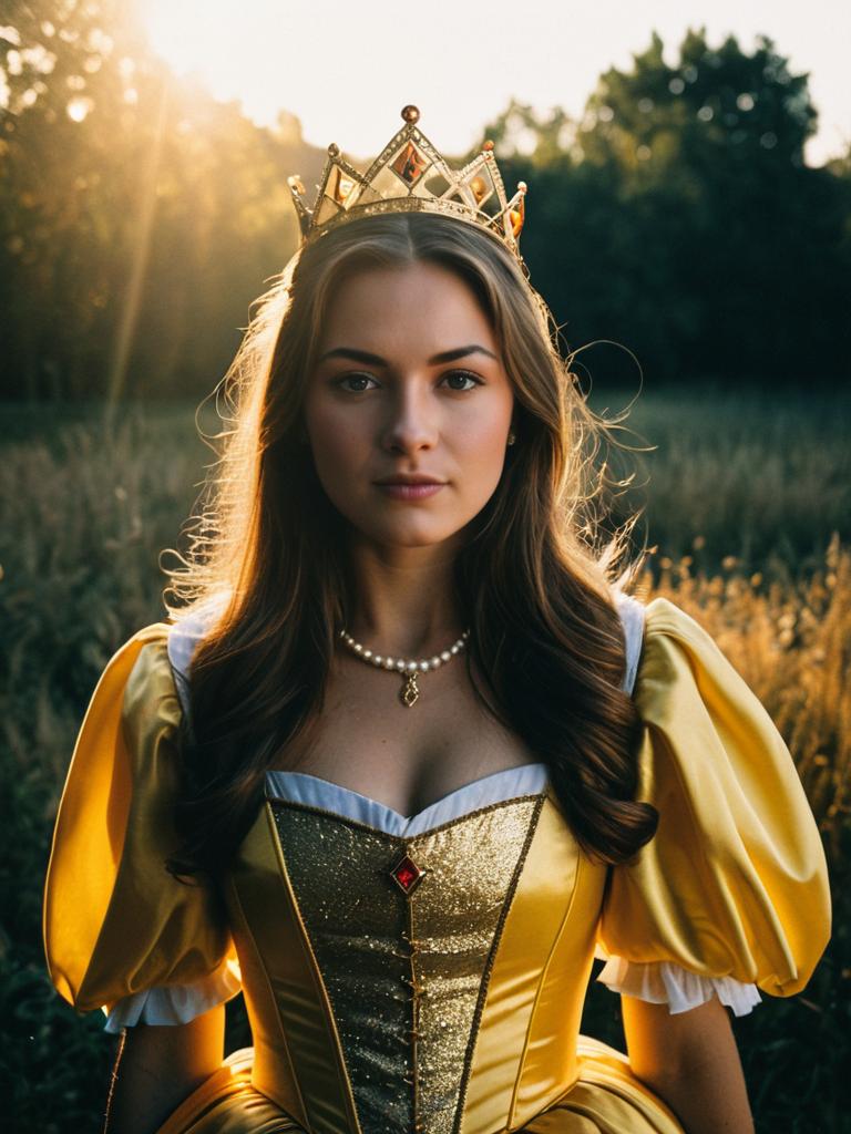 Photorealistic Outdoor Portrait of Woman in Yellow Princess Costume with Crown