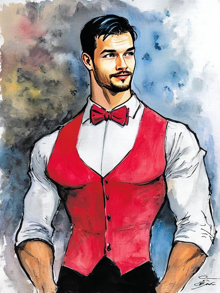 Watercolor Portrait of a Confident Man in Red Vest Watercolor Portrait of a Confident Man in Red Vest