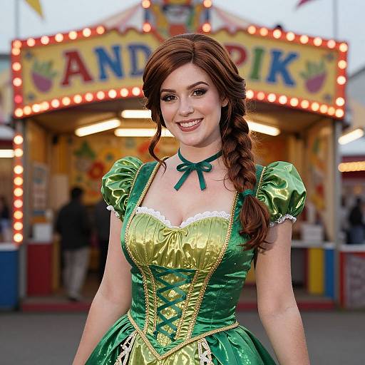 Woman in Traditional Green Costume at Carnival Game Booth