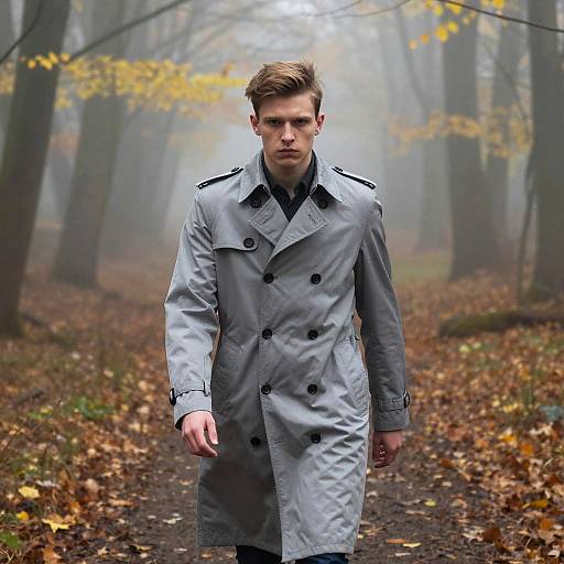 Young Man in Gray Trench Coat Walking Through Misty Autumn Forest