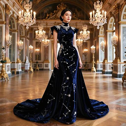 Elegant Woman in Cosmic Constellation Velvet Gown in Luxurious Ballroom