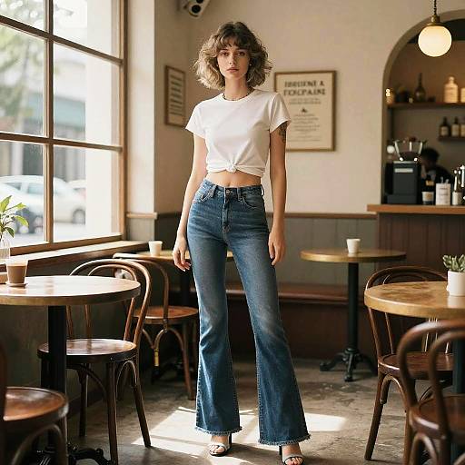 Gen Z Woman Wearing High-Waisted Flared Jeans and White Crop Top in Vintage Cafe