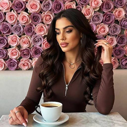Elegant Woman Enjoying Coffee in Front of Rose Wall