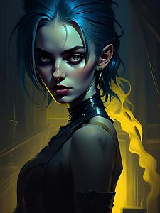 Digital Portrait of a Young Woman with Yellow Eyes and Blue Hair