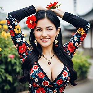 Cheerful Woman in Floral Dress Outdoors