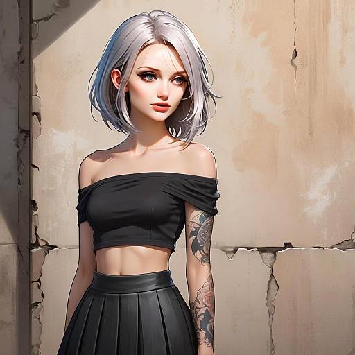Digital Illustration of Woman with Silver Hair and Tattoo in Black Outfit