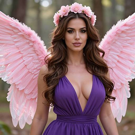 Woman in Purple Dress with Pink Angel Wings and Flower Crown in Forest