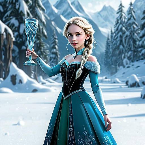 Fantasy Digital Art Woman in Icy Blue Gown Holding Crystal Glass in Snowy Forest