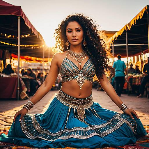 Elegant Woman in Traditional Blue Attire at Sunset Market