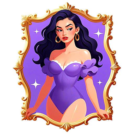 Confident Young Woman in Purple Bodysuit with Ornate Gold Frame Digital Art