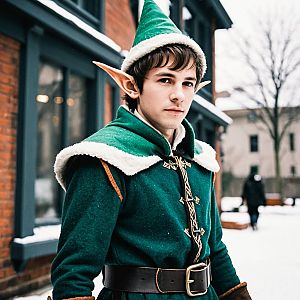 Young Man in Winter Elf Costume in Snowy Urban Setting