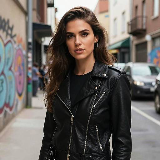 Young Woman Wearing Black Leather Jacket in Urban Street Style