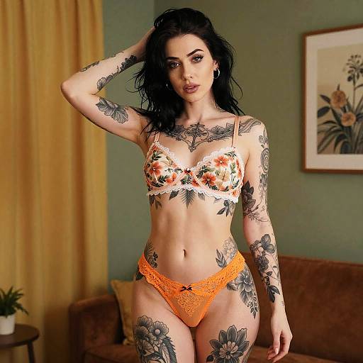 Tattooed Woman in Floral Orange Lingerie with Warm Indoor Decor