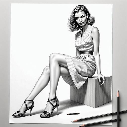 Photorealistic Pencil Drawing of Woman in Striped Dress Sitting on Wooden Cube