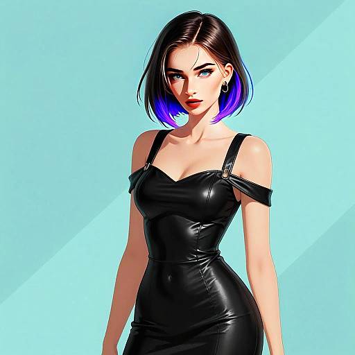 Edgy Young Woman in Black Leather Dress with Purple Hair Tips Digital Art