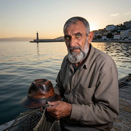 Elderly Fisherman by Harbor at Sunset with Worn Leather Hat
