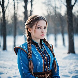 Woman in Embroidered Blue Garment in Snowy Forest