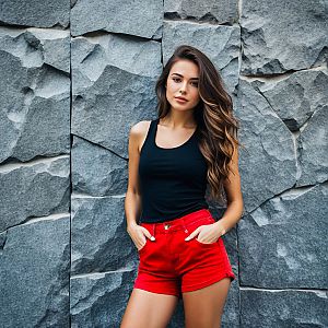 Confident Young Woman in Red Shorts Against Gray Wall