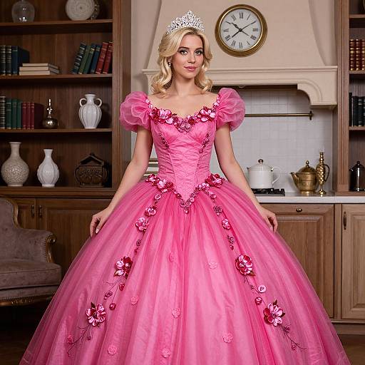 Woman in Pink Princess Ball Gown with Tiara in Cozy Kitchen
