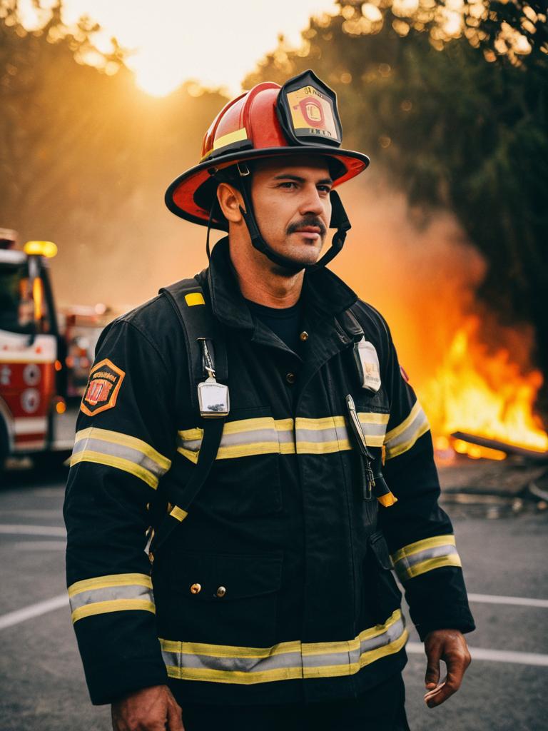 Man in Firefighter Costume Outdoors at Golden Hour Near Fire