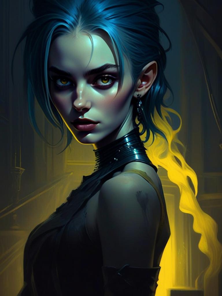 Digital Portrait of a Young Woman with Yellow Eyes and Blue Hair