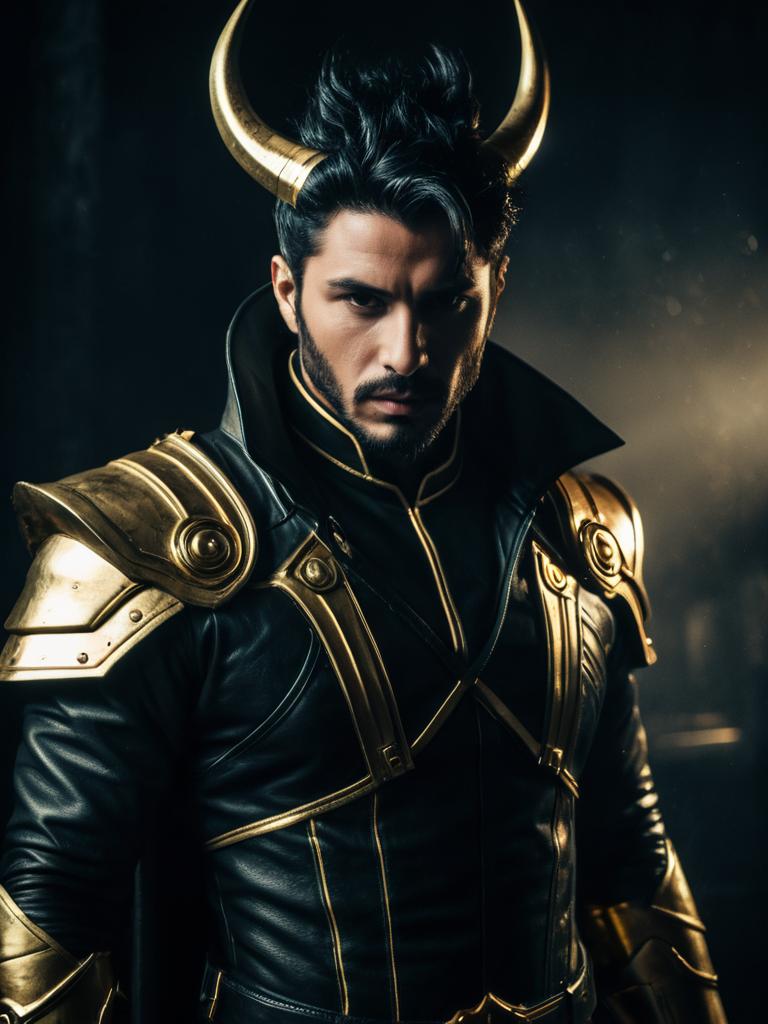 Man in Realistic Adam Taurus Cosplay with Black and Gold Armor and Horns
