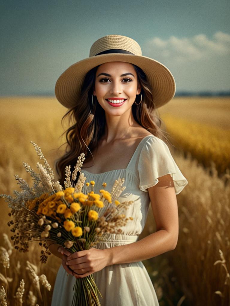 Cheerful Woman with Wildflowers in Golden Fields