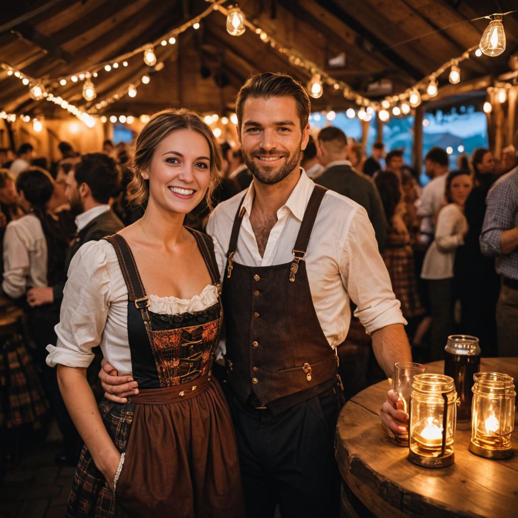 Smiling couple in traditional Bavarian clothing at Oktoberfest