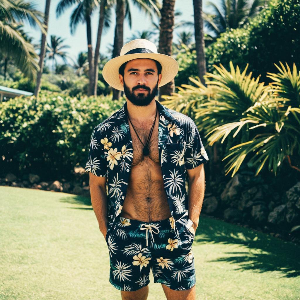 Man Wearing Hawaiian Outfit with Floral Shirt and Shorts Outdoors