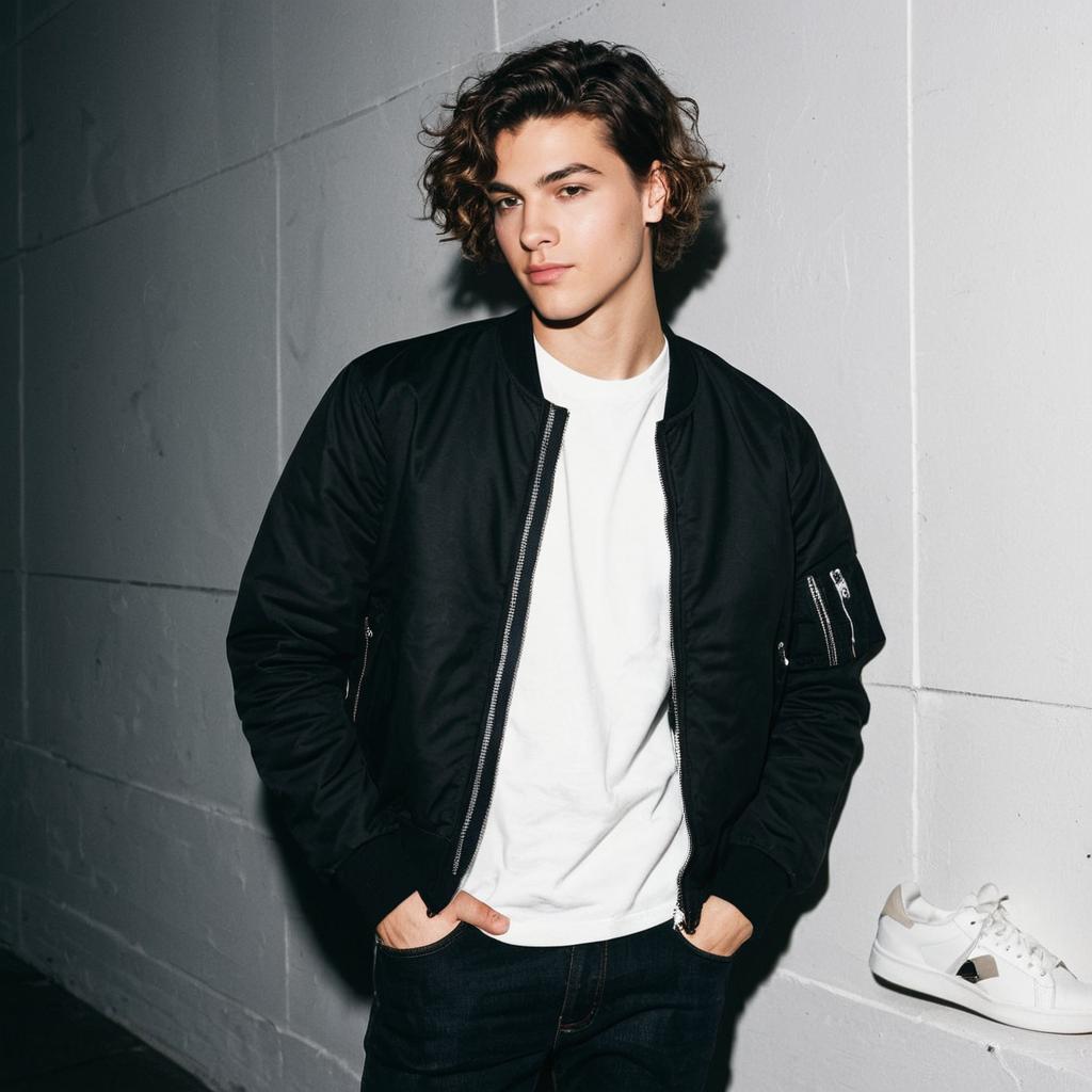 Young Man in Black Bomber Jacket and White T-Shirt Urban Style Portrait
