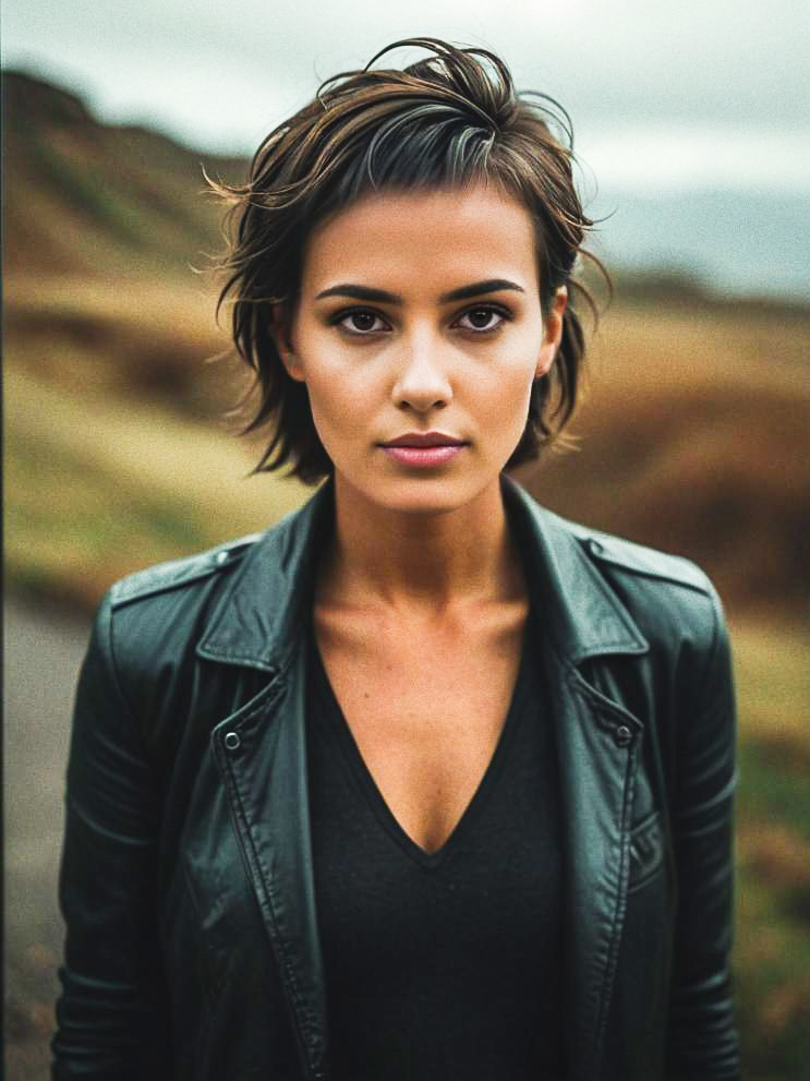 Confident Woman in Leather Jacket Against Scenic Hills