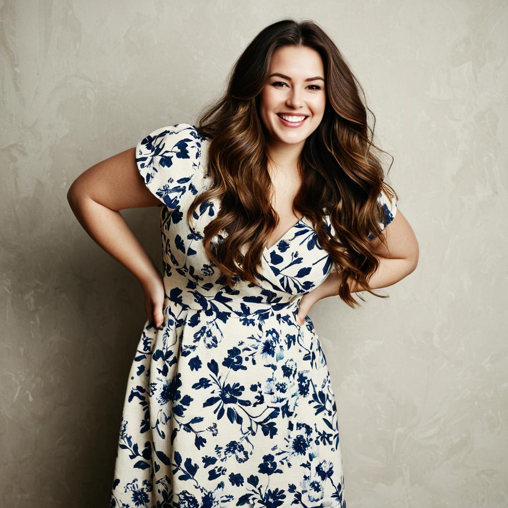 Confident Woman Wearing Blue Floral Dress Smiling in Studio Portrait