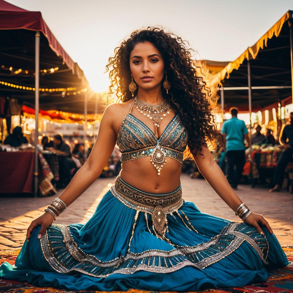 Elegant Woman in Traditional Blue Attire at Sunset Market