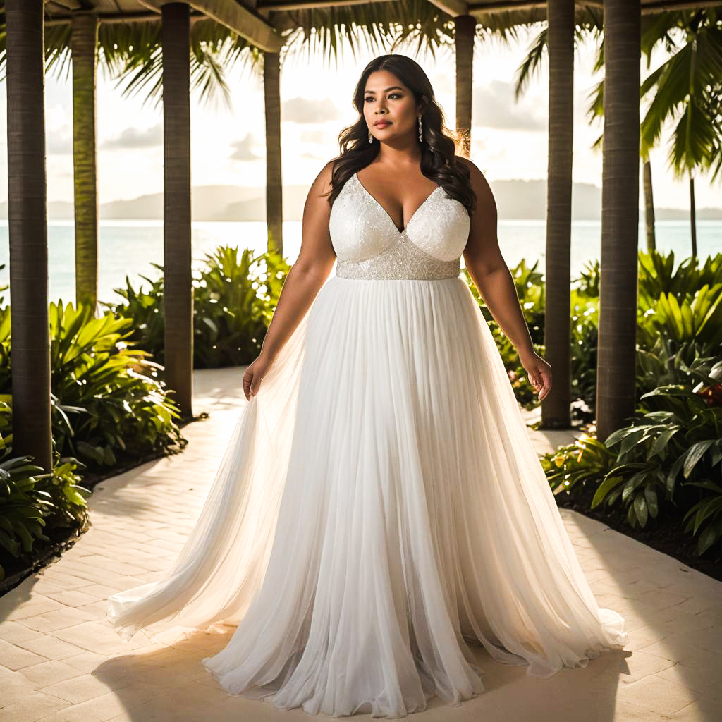 Confident Woman in White Gown Amidst Tropical Greenery