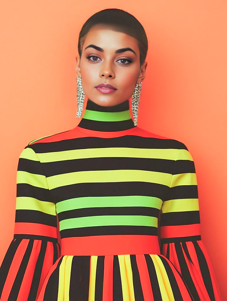 Confident Woman in Colorful Striped Dress