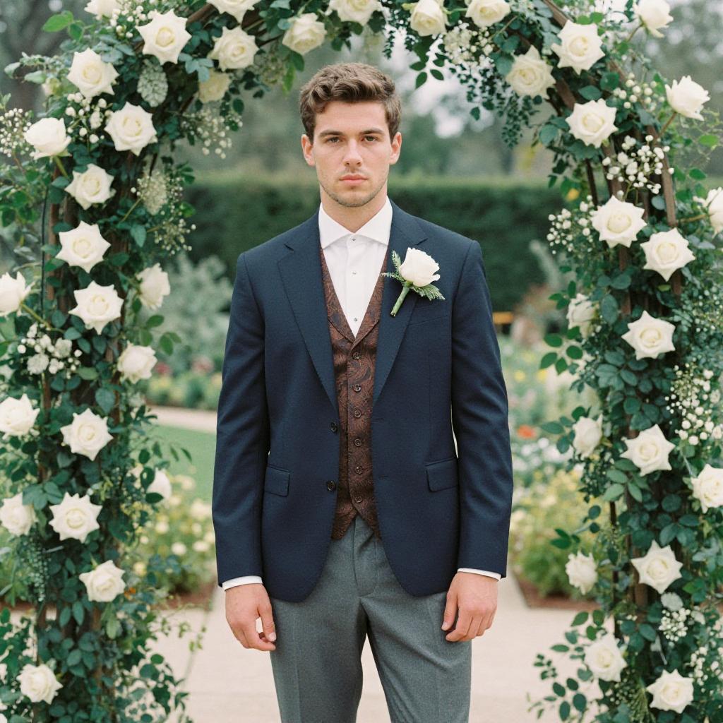 Young Man in Navy Blazer Under White Rose Floral Arch at Garden Wedding