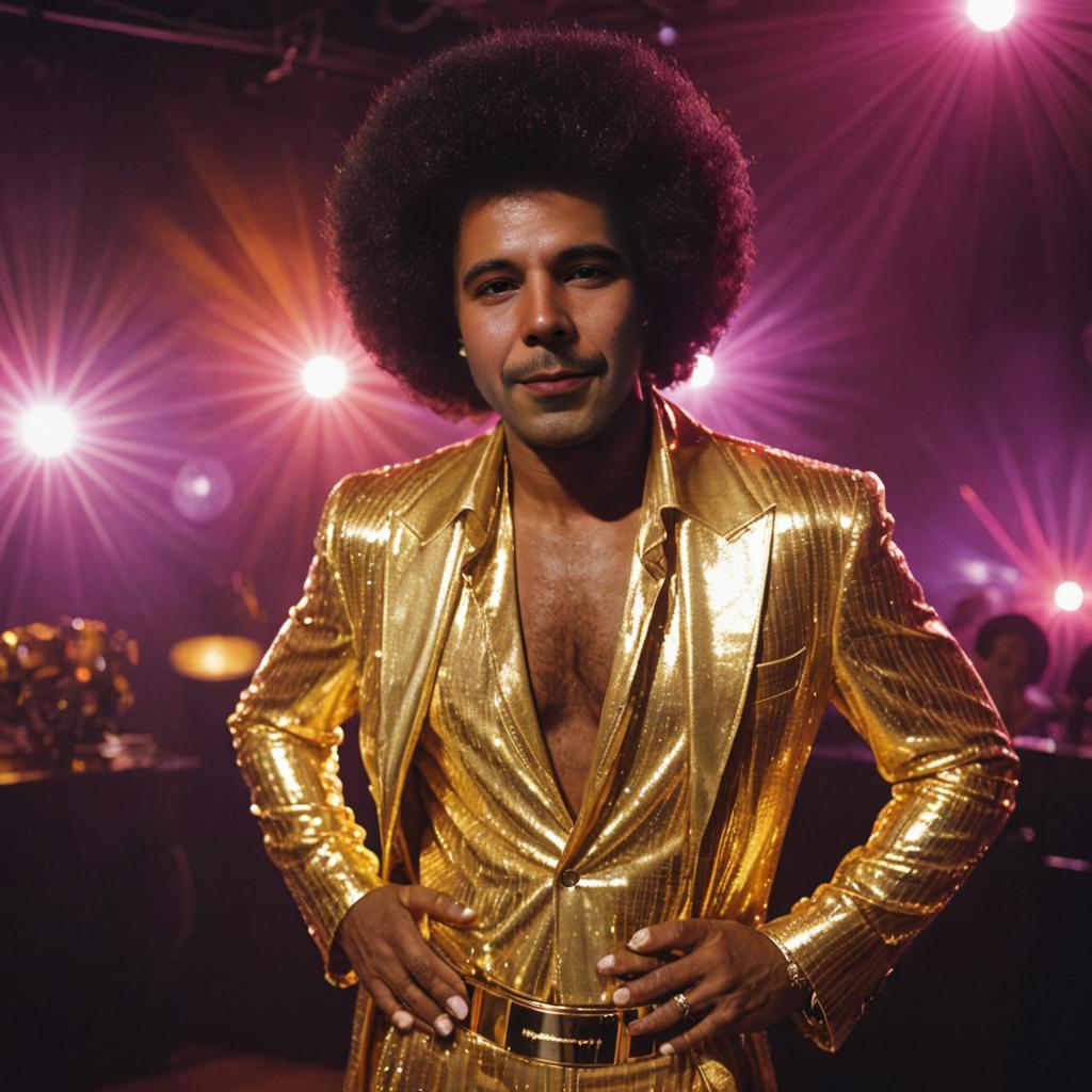 Confident man in gold jacket with afro, 70s disco vibe