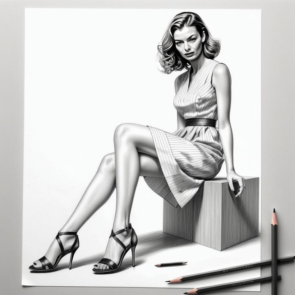 Photorealistic Pencil Drawing of Woman in Striped Dress Sitting on Wooden Cube